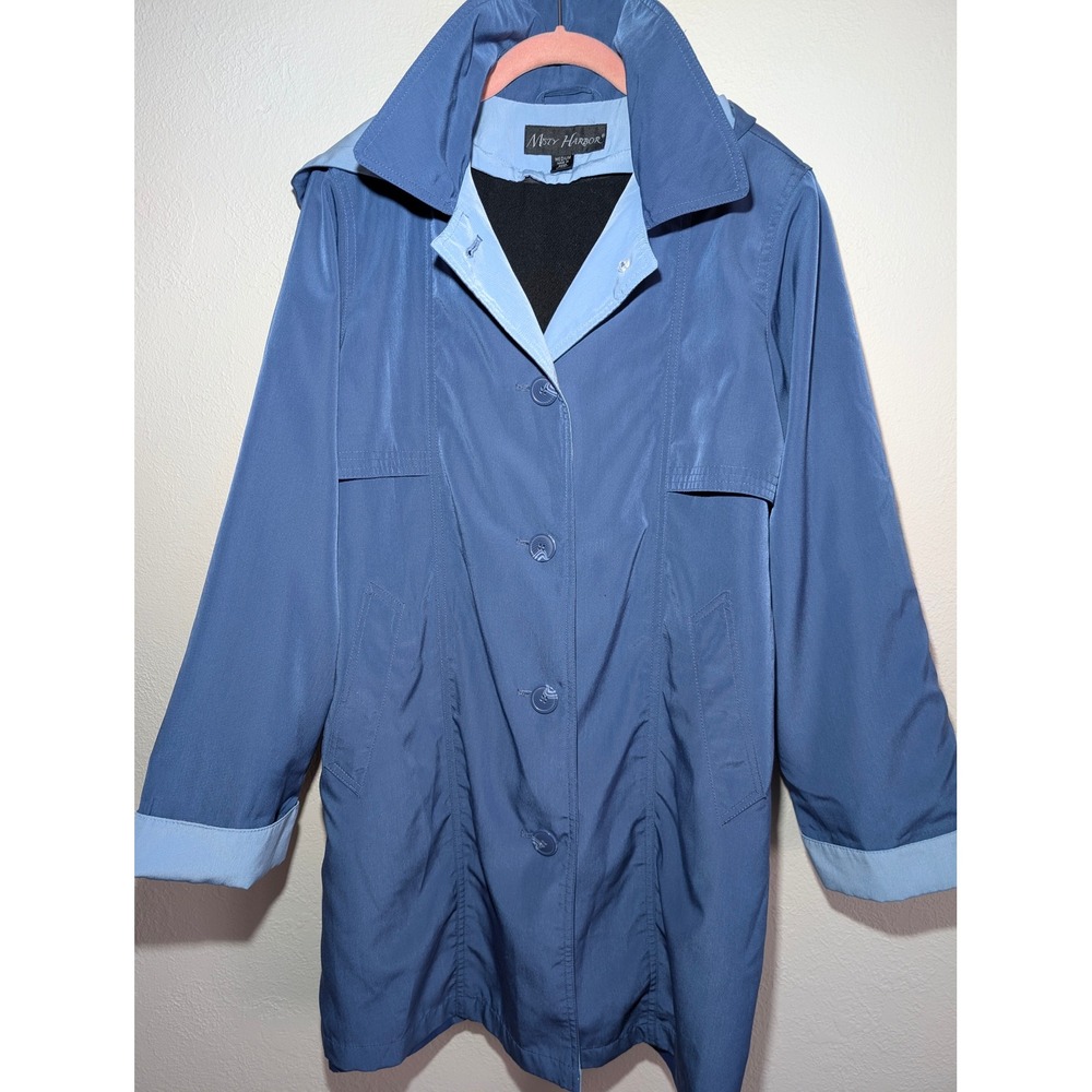 Vintage Misty Harbor Lightweight Hooded Trench Coat Parka M Blue Belted Classic